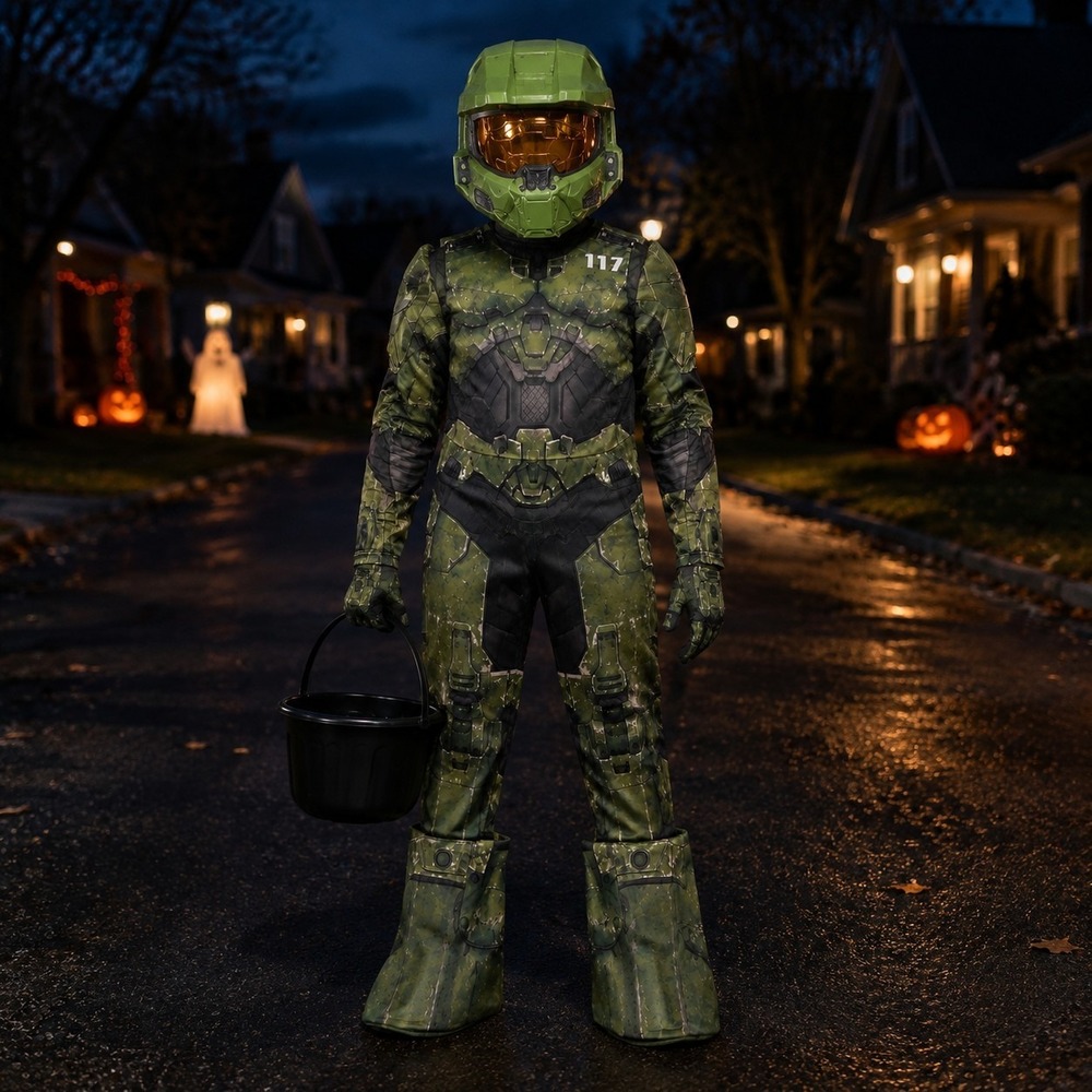 Halo Master Chief Costume Kids Large 10-12 Infinite Deluxe Mask Gloves New
